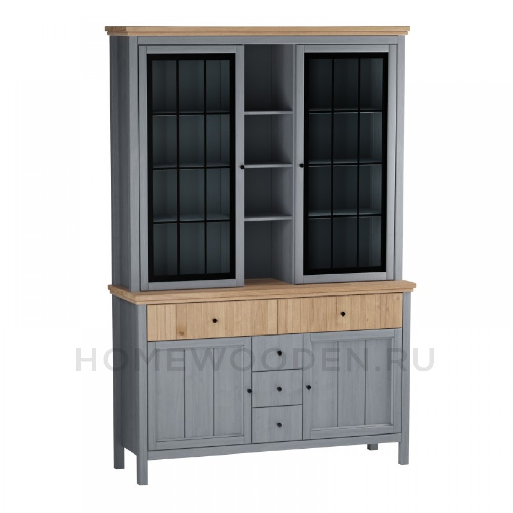 Буфет Сканди 2 стеклянные двери, 2 глухие двери и ящики серый 7046/антик