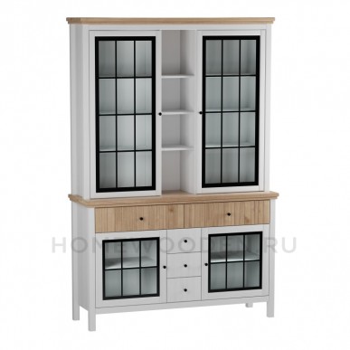 Буфет Сканди 4 стеклянные двери и ящики белый/антик