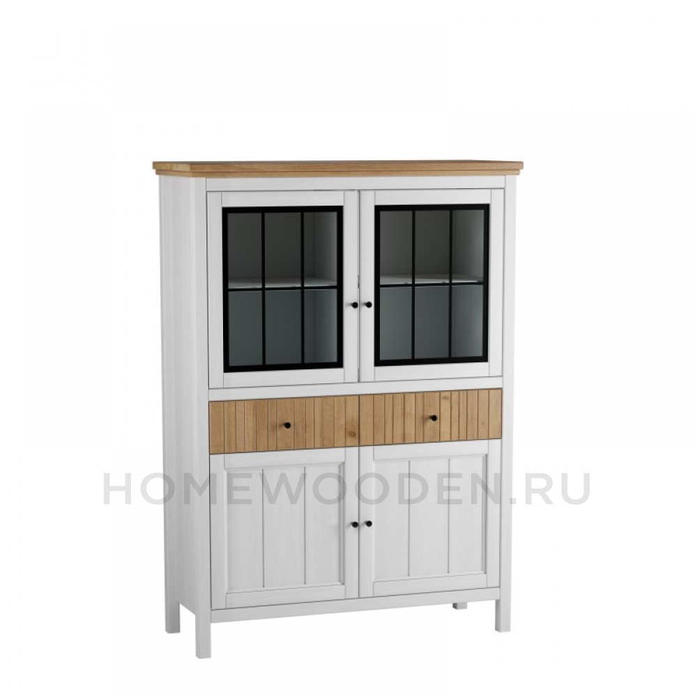 Тумба Сканди 2 стеклянные двери, 2 ящика и 2 глухие двери белый/антик