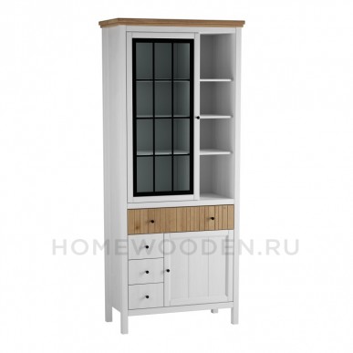 ШКАФ ДЛЯ ПОСУДЫ СКАНДИ 1 СТЕКЛЯННАЯ, 1 ГЛУХАЯ ДВЕРЬ И ЯЩИКИ БЕЛЫЙ/АНТИК