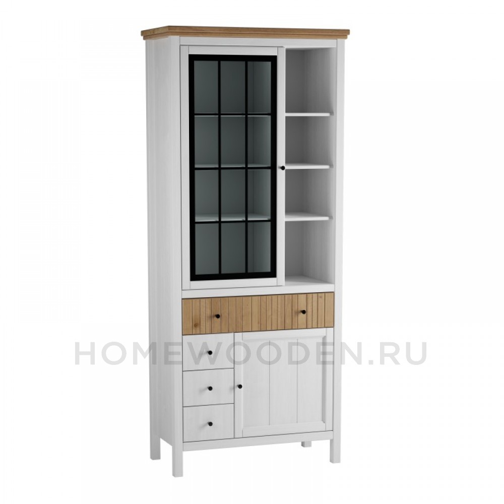 ШКАФ ДЛЯ ПОСУДЫ СКАНДИ 1 СТЕКЛЯННАЯ, 1 ГЛУХАЯ ДВЕРЬ И ЯЩИКИ БЕЛЫЙ/АНТИК