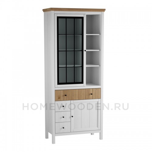ШКАФ ДЛЯ ПОСУДЫ СКАНДИ 1 СТЕКЛЯННАЯ, 1 ГЛУХАЯ ДВЕРЬ И ЯЩИКИ БЕЛЫЙ/АНТИК