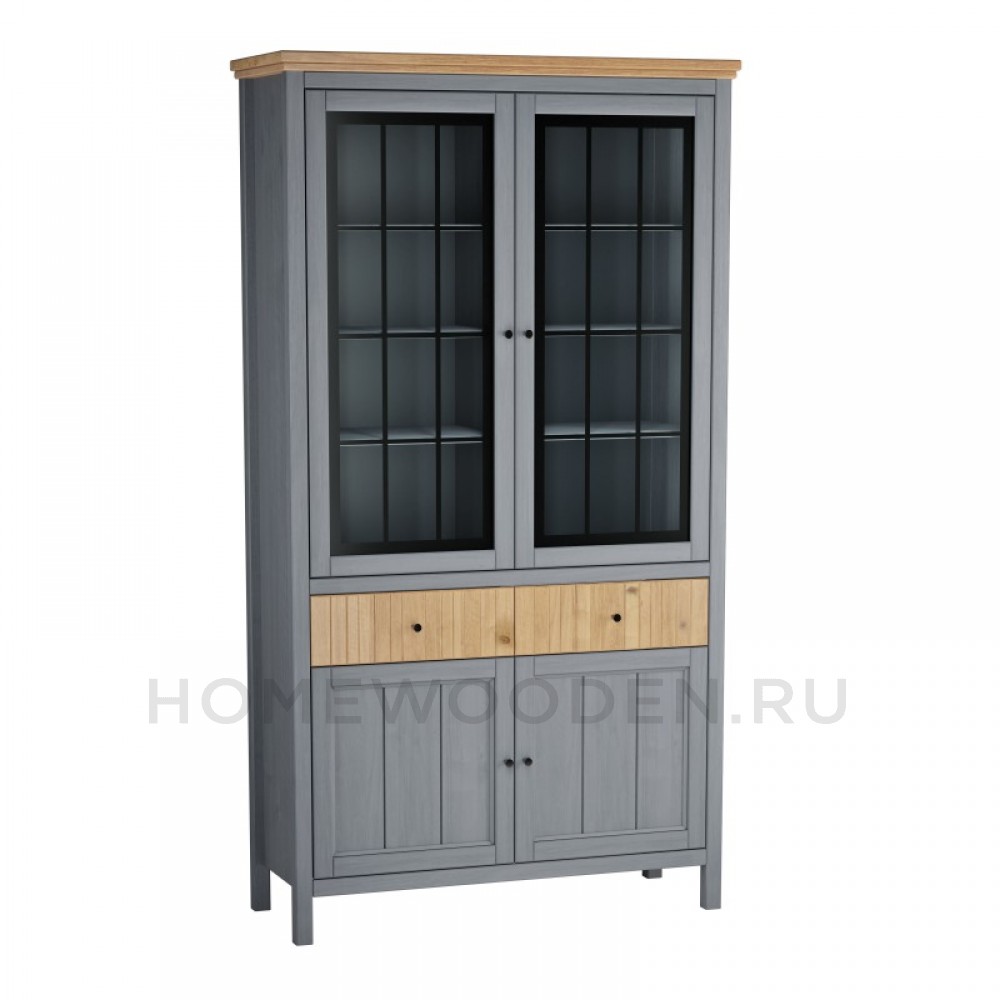 ШКАФ ДЛЯ ПОСУДЫ СКАНДИ 2 СТЕКЛЯННЫЕ, 2 ГЛУХИЕ ДВЕРИ И ЯЩИКИ СЕРЫЙ 7046/АНТИК