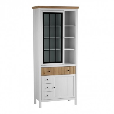 ШКАФ ДЛЯ ПОСУДЫ СКАНДИ 1 СТЕКЛЯННАЯ, 1 ГЛУХАЯ ДВЕРЬ И ЯЩИКИ БЕЛЫЙ/АНТИК