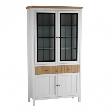 ШКАФ ДЛЯ ПОСУДЫ СКАНДИ 2 СТЕКЛЯННЫЕ, 2 ГЛУХИЕ ДВЕРИ И ЯЩИКИ БЕЛЫЙ/АНТИК